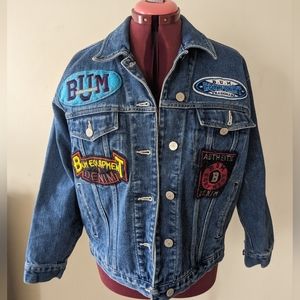 Vintage 90s BUM Equipment patch denim jacket size small blue jeans patches